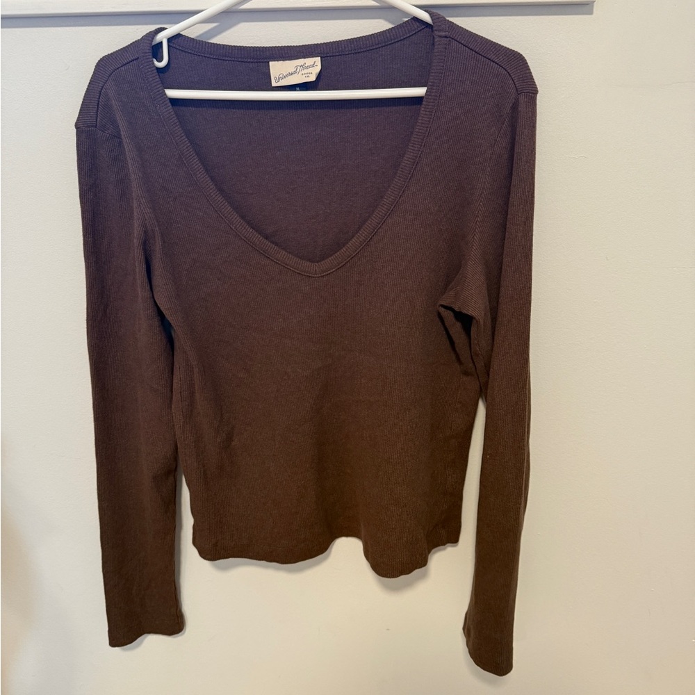 Brown V-Neck Women's Top, Ribbed XL